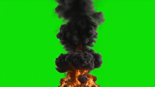 Dramatic fiery explosion with smoke on green screen for visual effects composition