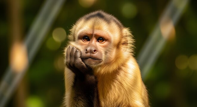 chimpanc&eacute; pensando con la mano en la barbilla, mirando pensativamente, curioso como hacer una pregunta, sentado y relajado en la naturaleza Concepto de biodiversidad y conservaci&oacute;n de la vida silvestr