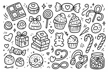 Hand-drawn doodle vector set of chocolates candies and sweets created in a fun sketchy ink-pen style, AI, EPS, JPG, PNG, isolated on white background
