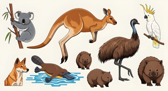 Ilustraci&oacute;n de vida silvestre australiana vectorial con imagen de animales canguro koala ornitorrinco emu wombat cacat&uacute;a y dingo