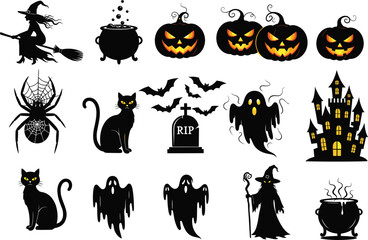 Fototapeta premium Halloween silhouettes, spooky icons, witch flying, haunted house, ghost shapes, black cat, jack-o'-lantern, RIP gravestone, cauldron, spider web