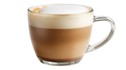 A glass mug filled with a delicious latte, showcasing its creamy layers and inviting aroma for a cozy coffee break