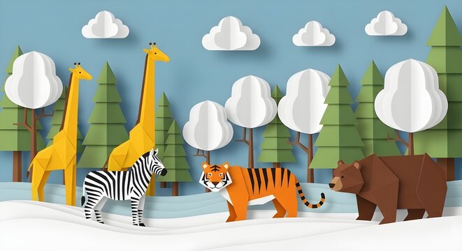 Lindo tigre de dibujos animados y jirafa con otros animales salvajes en una colorida escena de safari en la jungla