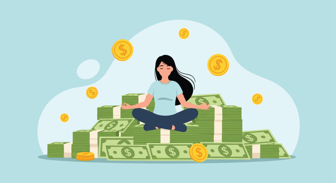 Achieve financial peace meditating amidst stacks of cash and gold coins, embracing wealth and tranquility with serene focus