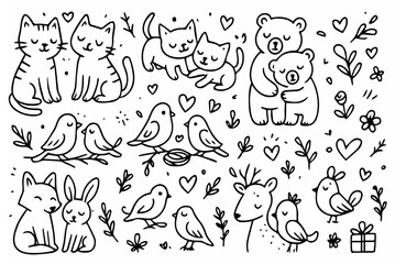 Hand-drawn doodle vector set of cute animal couples created in a fun sketchy ink-pen style, AI, EPS, JPG, PNG, isolated on white background
