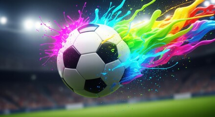 Naklejka premium Dynamic Soccer Ball with Vivid Paint Splashes Against Stadium Backdrop Scene