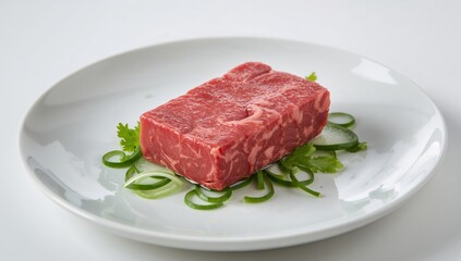 Culinary Still Life. Rectangular Red Slice on a White Plate with Green Garnish Details.