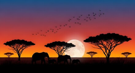 Silueta de sabana africana con jirafas, acacias, pájaros y sol en un sereno vector de paisaje de vida silvestre para contenido de stock con temas de naturaleza