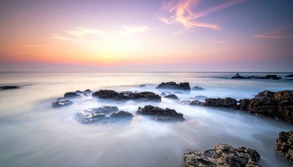 A tranquil coastal scene at sunrise with soft pastel colors in the sky and smooth, misty water flowing around dark rocks.