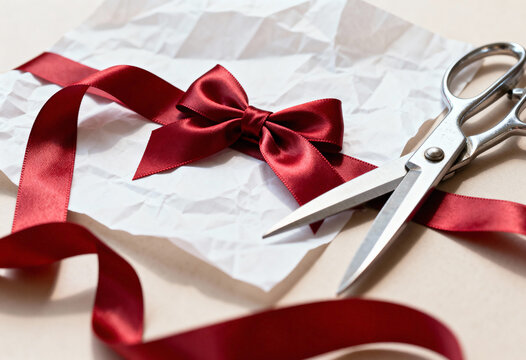 A shiny red satin ribbon bow and scissors on crumpled white paper. The process of gift wrapping for a celebration. Handmade crafting and holiday preparation concept.