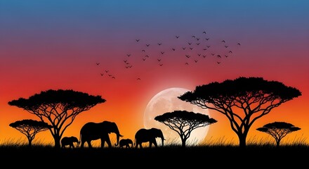 Silueta de sabana africana con jirafas, acacias, p&aacute;jaros y sol en un sereno vector de paisaje de vida silvestre para contenido de stock con temas de naturaleza