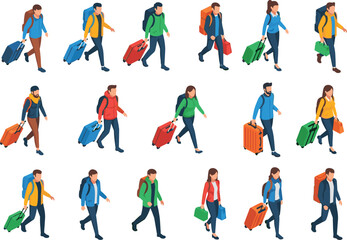 Isometric travelers, walking with luggage, diverse outfits, airport people, travel illustration, backpackers, tourism concept, suitcase icons, vector characters, journey scene