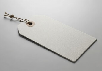Simple Blank White Tag with Natural String Attached Lying on Light Gray Surface for Price or Gift Label in Minimal Style, 170 Characters