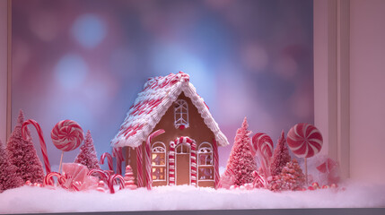 gingerbread house with virtual projections of sweets set against perfectly white canvas