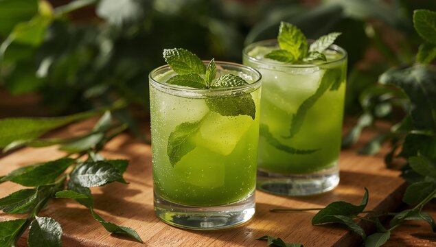 Emerald Elixir. A Refreshing Green Drink with Mint, Ice, and Delicate Condensation.