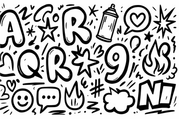 Hand-drawn doodle vector collection of graffiti black vectors, created in a fun, sketchy doodle style, isolated on white background
