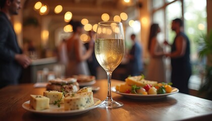Glass of champagne and appetizers served at upscale business event. Guests mingle in background, creating lively atmosphere for networking and celebration.
