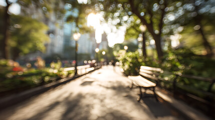 Naklejka premium Sunny park pathway with benches and trees sunlight