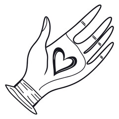 Stylish minimal hand logo outlined by one smooth line forming a heart in the palm, monochrome vector representing care, trust, and connection.