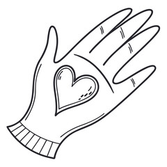 Stylish minimal hand logo outlined by one smooth line forming a heart in the palm, monochrome vector representing care, trust, and connection.