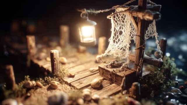 Miniature coastal scene with wooden dock, lantern, fishing net, and tiny treasure chest