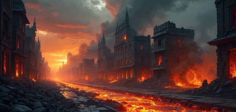 City burns in volcanic eruption with inferno of molten lava and magma. Buildings are ruined in this post apocalyptic hellscape with glowing flames and dark storm clouds. Fantasy theme illustration.