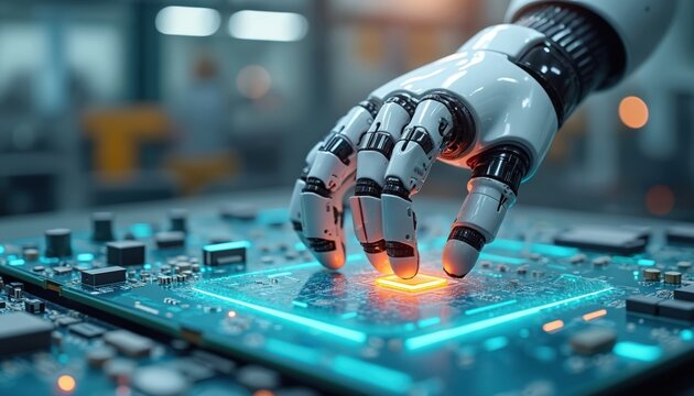 Robotic arm touches glowing central processor on circuit board. AI integrates electronic parts with futuristic tech. High tech automation optimizes industrial process using digital systems.