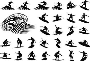 Surfing silhouettes, surfer actions, wave illustration, beach sport, ocean movement, surfboard icon, summer vibe, water activity, extreme sport, coastal lifestyle