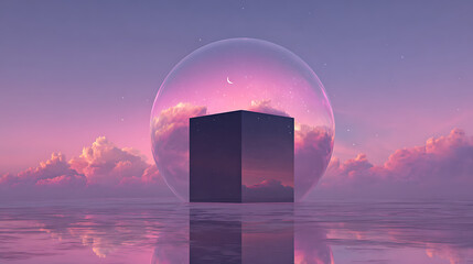 Surreal cube floating in a pink sky bubble over water sci fi landscape