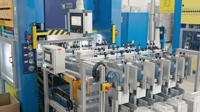 Industrial machine mass producing aluminum foil containers in automated packaging line. Modern manufacturing technology operating with precision. Clean production environment in factory indoors.