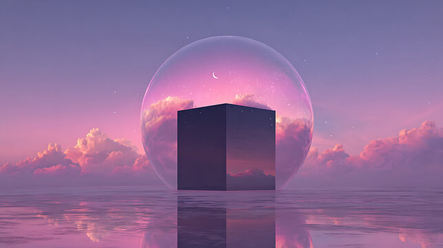 Surreal cube floating in a pink sky bubble over water sci fi landscape