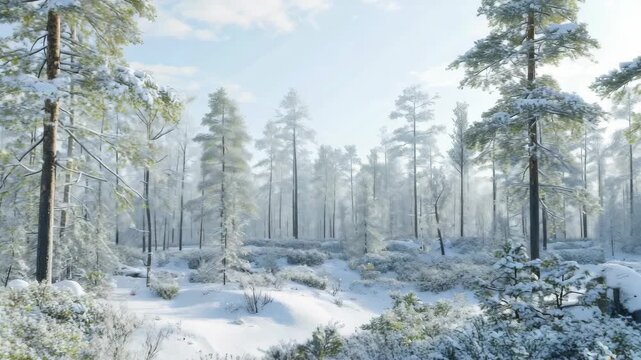 A snowy forest with trees and a path. The snow is deep and covers the ground. The sky is clear and bright