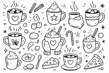 Hand-drawn doodle vector collection of hot chocolate mugs and marshmallows, created in a fun, playful, sketchy doodle style, isolated on white background
