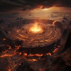 Infernal Landscape Volcanic Crater with Lava Flows and Dramatic Sky, A Fiery Vision of Destruction