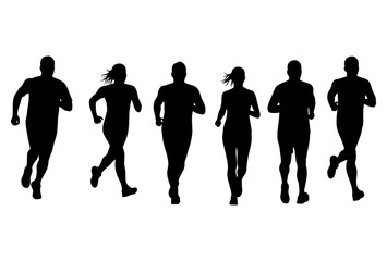 Fototapeta premium Group of six running people silhouettes with men and women jogging for fitness