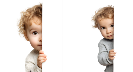 Two adorable babies peeking from behind a white board.