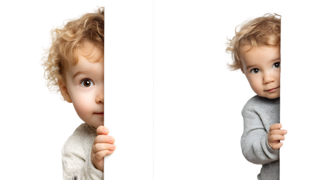 Two adorable babies peeking from behind a white board.