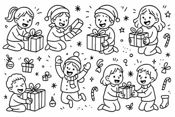 Hand-drawn doodle vector collection of kids opening presents, created in a fun, playful, sketchy doodle style, isolated on white background

