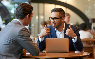 Two diverse businessmen in suits collaborating and discussing ideas with a laptop at a cafe table