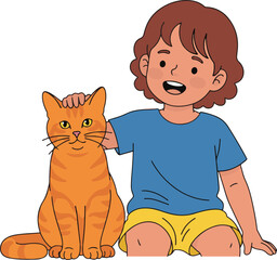 smiling young child with wavy brown hair, wearing a blue t-shirt and yellow shorts, sitting next to a large, proud orange tabby cat, while gently petting its head.