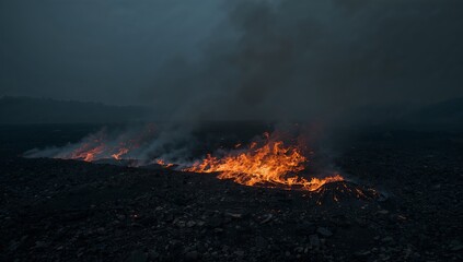 Obraz premium Fiery Landscape. A Dance of Light and Shadow on a Dark Terrain, A Blaze Against the Gloom.