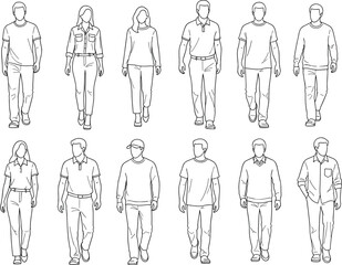 Walking people illustration, casual outfit sketch, fashion pose reference, male female figures, line art drawing, apparel design template, vector style