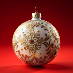 White ball with a gold pattern as a decoration for Christmas tree on red background.