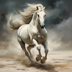 Majestic White Horse Galloping Against a Dramatic Sky Freedom and Power in Motion, Artwork