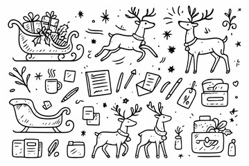 Obraz premium Hand-drawn doodle vector set of sleigh & reindeer doodles, created in a fun sketchy style, AI, EPS, JPG, PNG, isolated on white background 