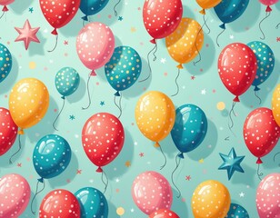 Festive balloon pattern on light blue backdrop. Red yellow teal balloons with dots float. Confetti and star shapes scattered around. Fun playful design ideal for party event card. Kids birthday.