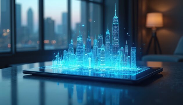 Digital blueprint of futuristic city skyline projected from tablet screen. Holographic buildings glow blue, showing urban planning, smart city concepts. Networked infrastructure concepts visualized.