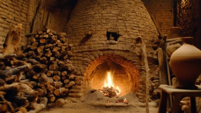 A rustic kiln interior with a burning fire and stacked logs, terracotta pot on a stool