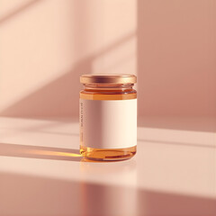 Honey Jar Mockup with Golden Light Background, Minimalist Glass Jar Mockup for Food Packaging, Realistic Honey Bottle Mockup, Amber Honey Jar with Blank Label Mockup, Elegant Food Jar Mockup with Warm