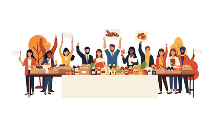 Diverse group of smiling people proudly displaying fresh produce and baked goods at a vibrant community market event